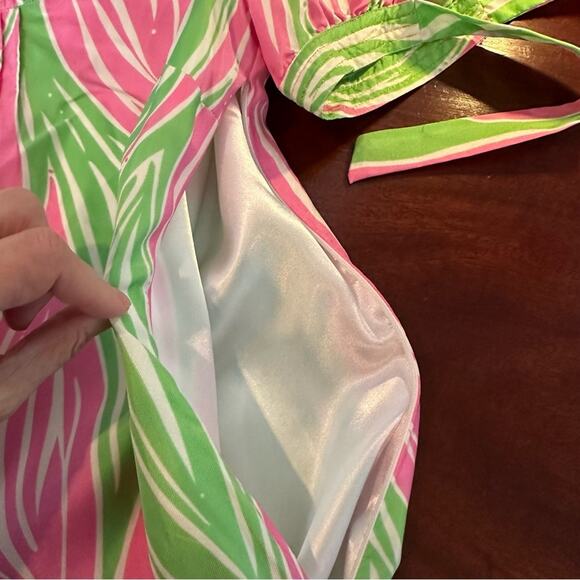 Lilly Pulitzer Silk Mini Dress Size 4 Pink Green Leaf Print Tie Short Sleeve - Picture 12 of 14